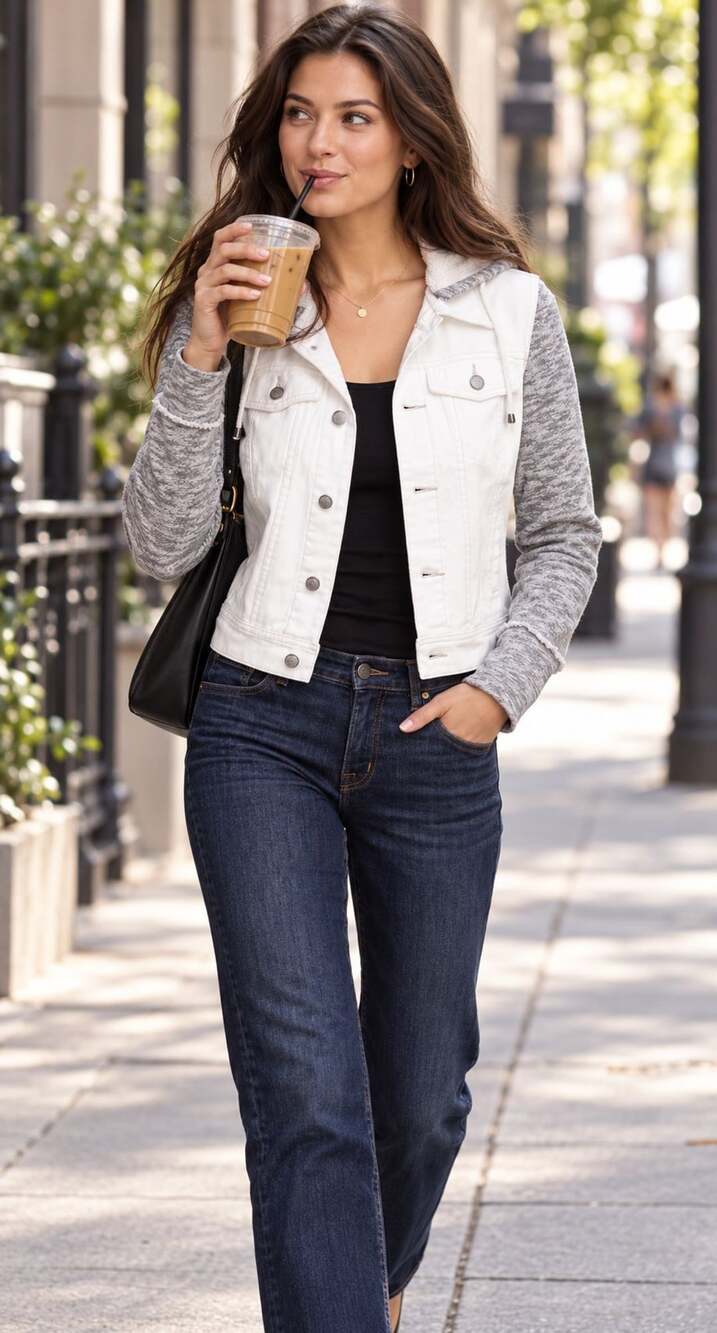 Free People Distressed Denim Jacket XS White Gray KnitSleeves Hoodie